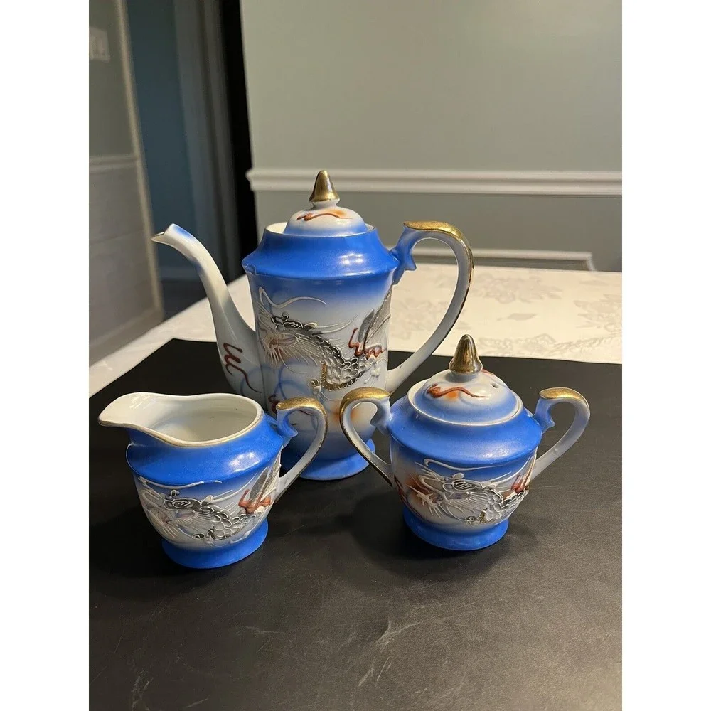 Vintage Dragonware Moriage Blue White Coffee Tea Pot Sugar Creamer Set